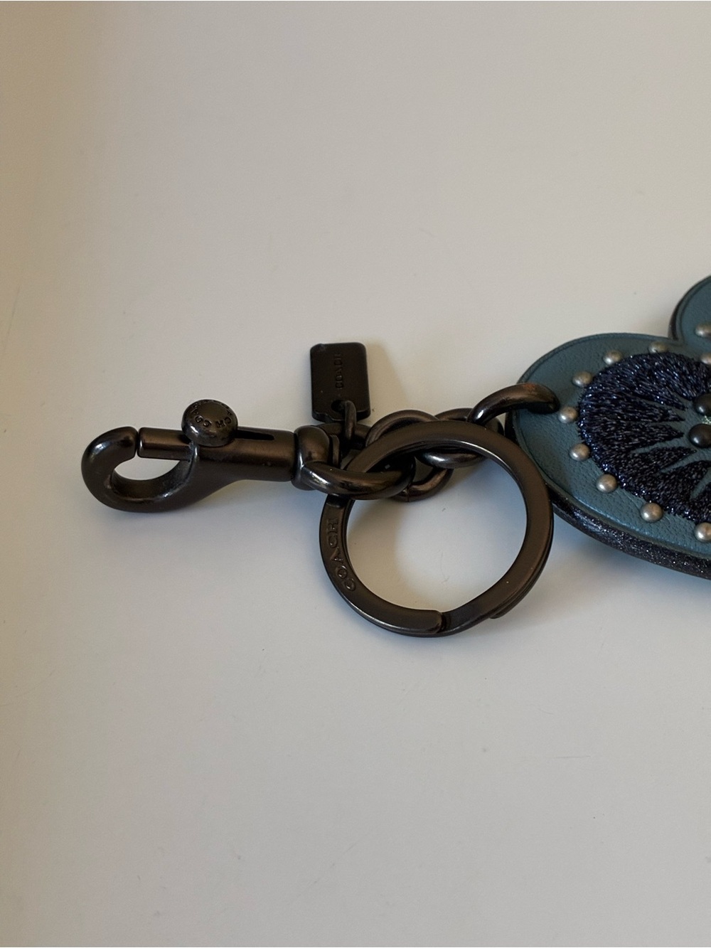 Coach Embroidered Glitter Heart Bag Charm Key Chain With Rivets, Blue / Gunmetal - Picture 8 of 16